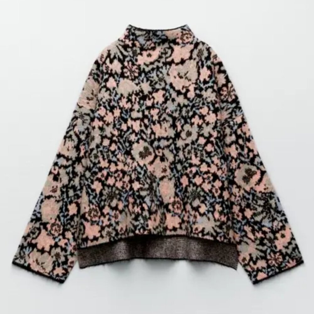 Zara Pink Black Floral Knit Sweater